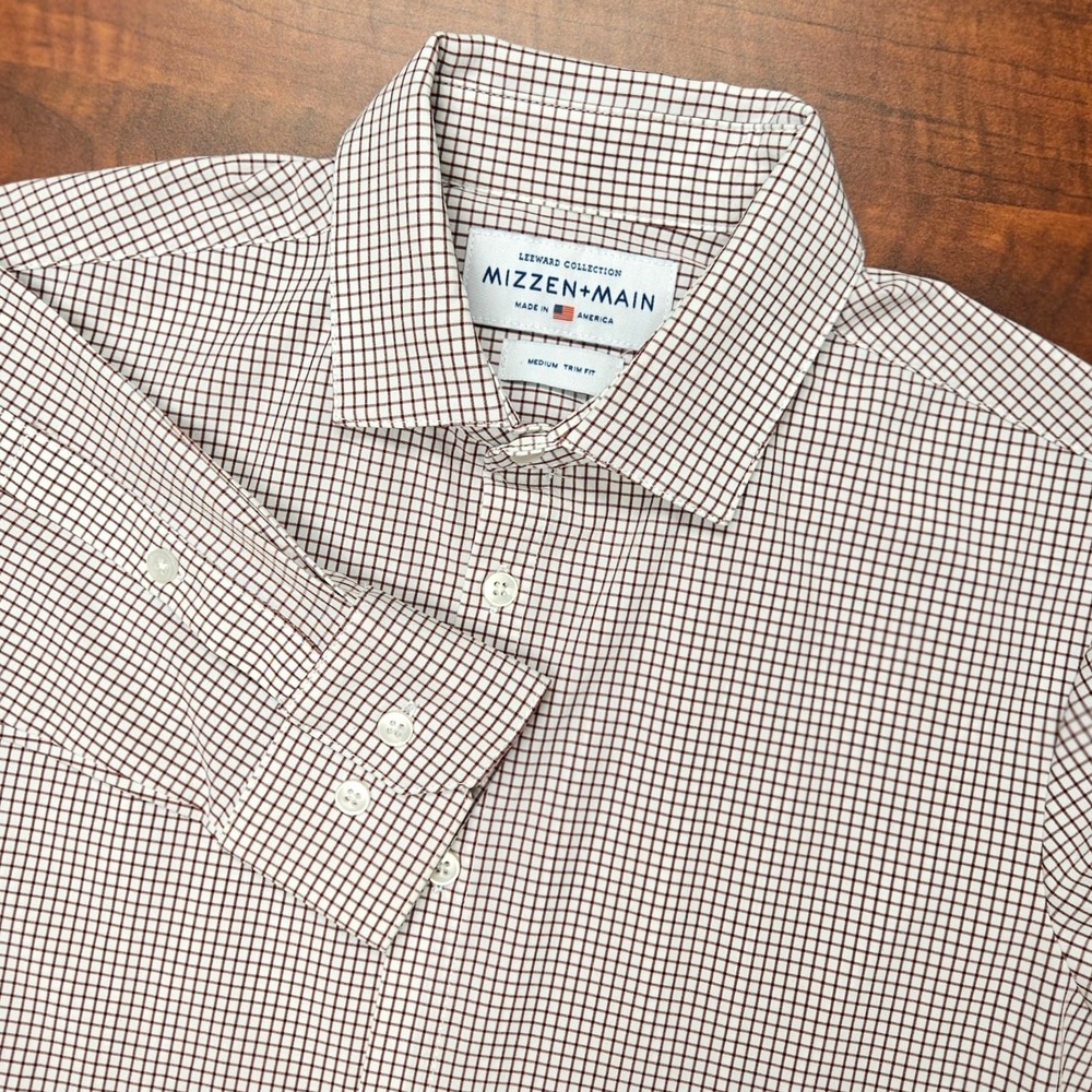 Mizzen+Main Dress Shirt Mens M Burgundy White Check Leeward Trim Performance